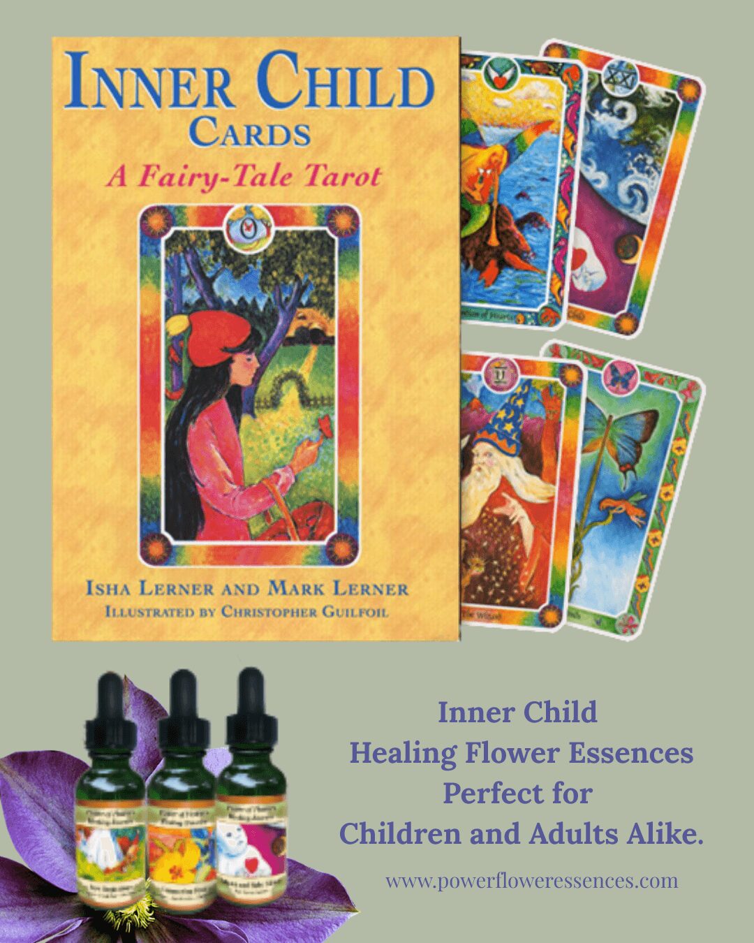 Book titled 'Inner Child Cards' with colorful tarot cards and healing flower essence bottles, on a light background.