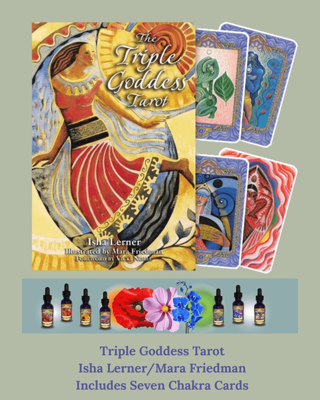 Tarot card titled 'The Triple Goddess' with colorful artwork, surrounded by other tarot cards and essential oils, on a light green background.
