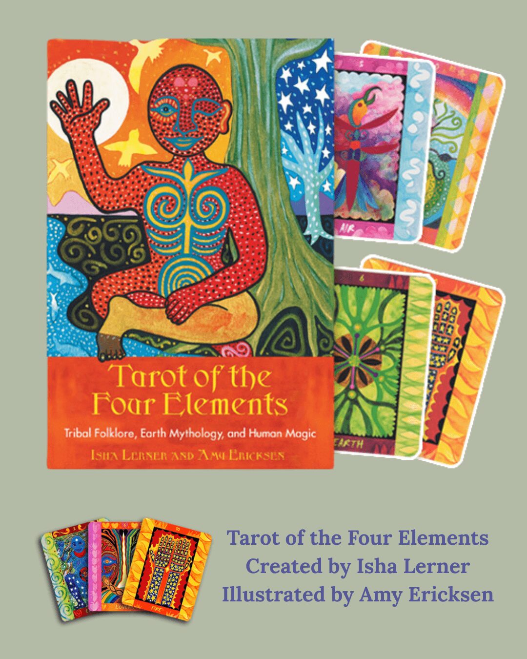 Colorful tarot cards with vibrant designs and symbols, arranged on a light green background. Book cover features a stylized figure with patterns.