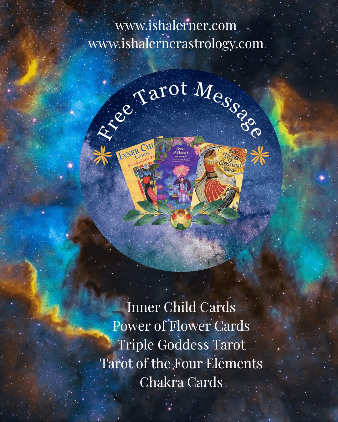 Cosmic background with text about free tarot messages and inner child cards, featuring tarot card images and website URLs.