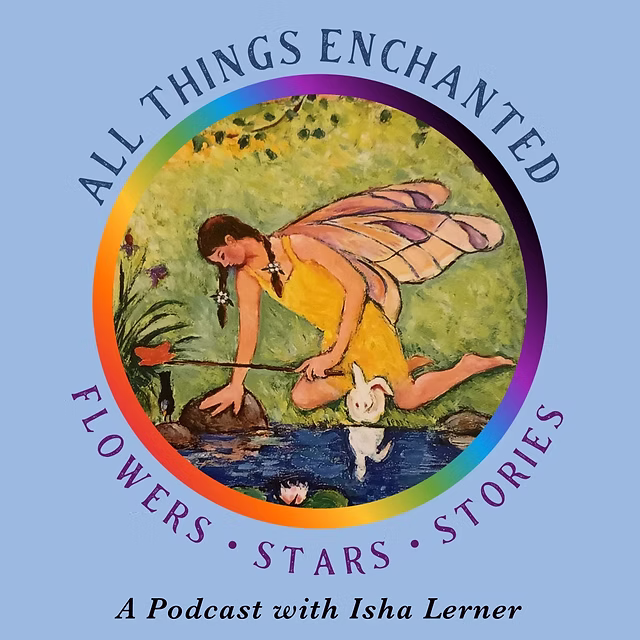 Illustration of a girl with butterfly wings sitting by a pond with a swan, surrounded by a colorful circular border.