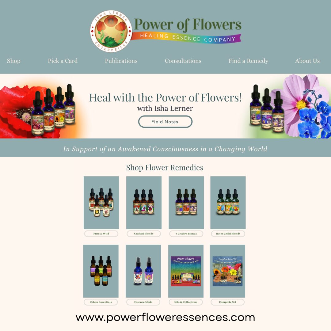 Website homepage for Power of Flowers with essential oils and flower remedies, featuring a banner, product images, and navigation menu.