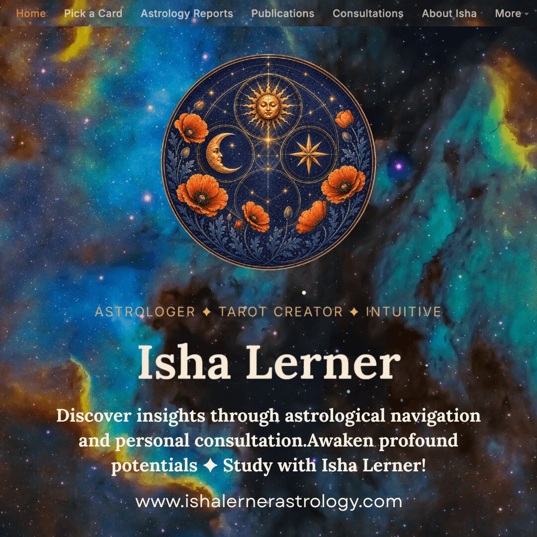 Starry cosmic background with zodiac symbols and orange flowers, promoting astrology and personal consultation by Isha Lerner.