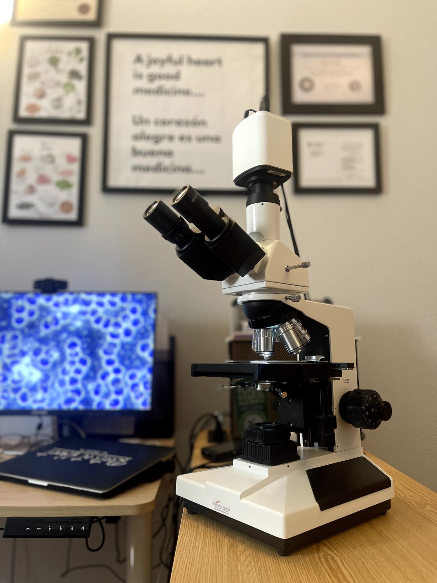 Microscope on a desk with framed certificates and a computer monitor in the background.