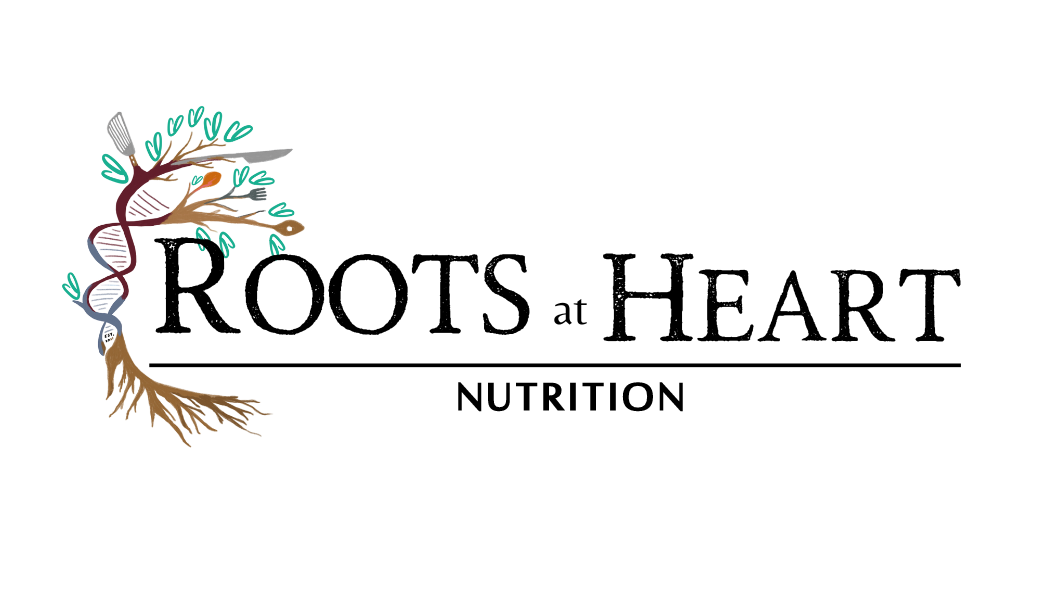 Logo with a tree and roots, text reads 'Roots at Heart Nutrition'.
