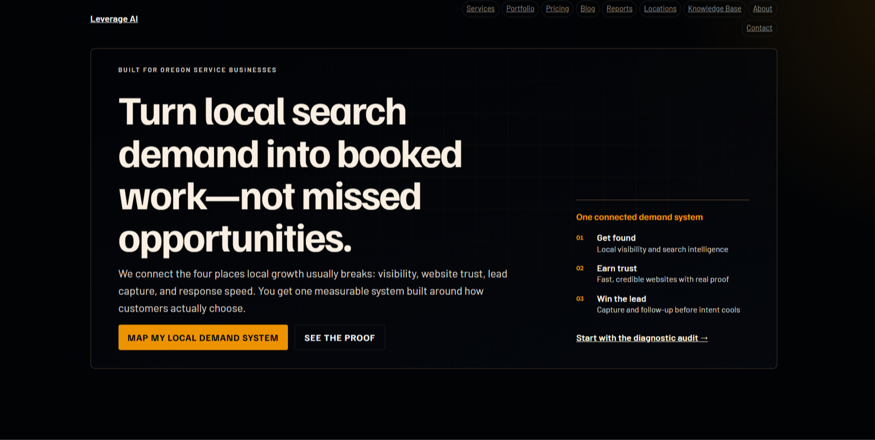 Dark webpage with white text about turning local search demand into booked work, includes buttons and menu options.