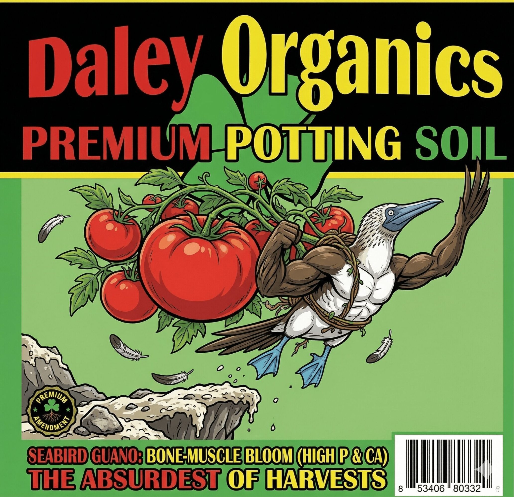 Seed packet with tomatoes, a bird, and gardening text, on a green background.