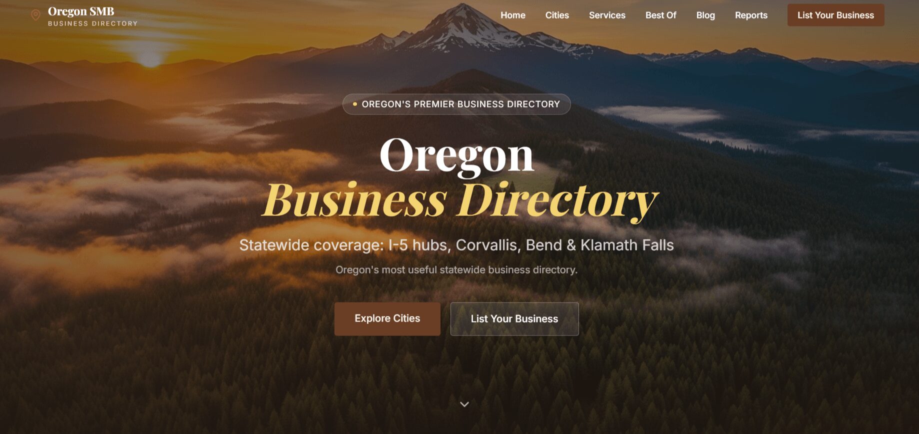 Scenic mountain landscape with sunset, text overlay for Oregon Business Directory, buttons for exploring and listing businesses.