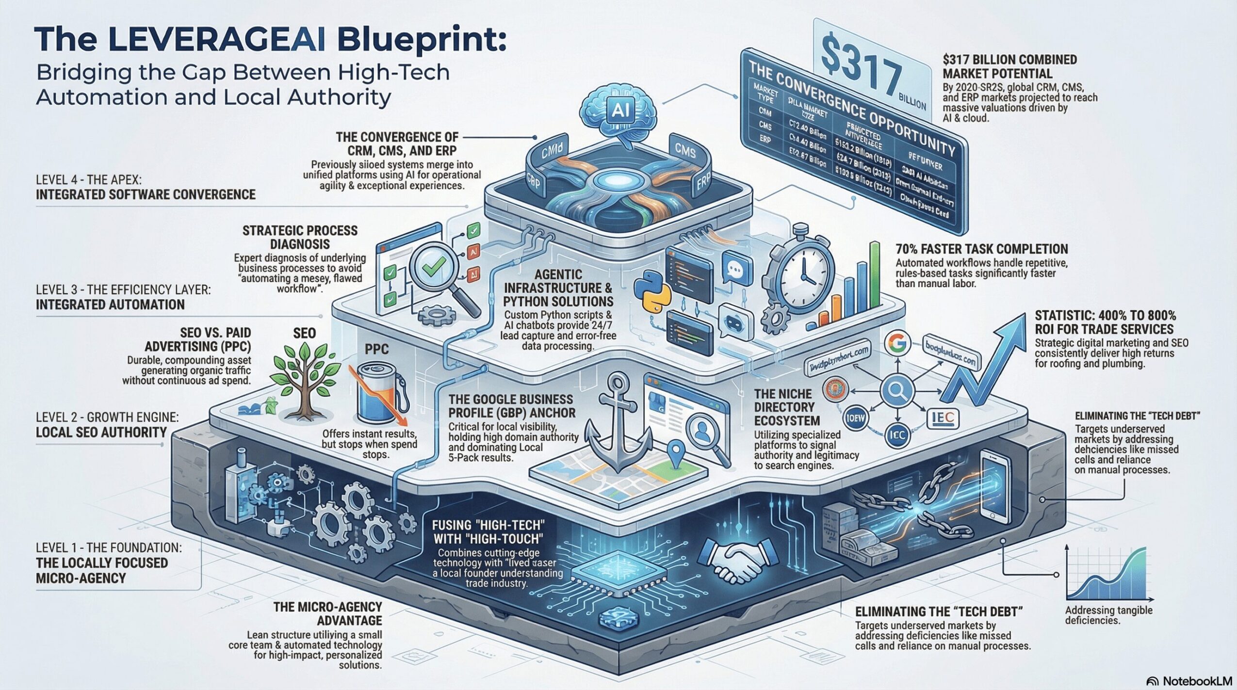 Diagram illustrating the LEVERAGEAL Blueprint with various interconnected sections, icons, and text, showing a technological and business process flow.