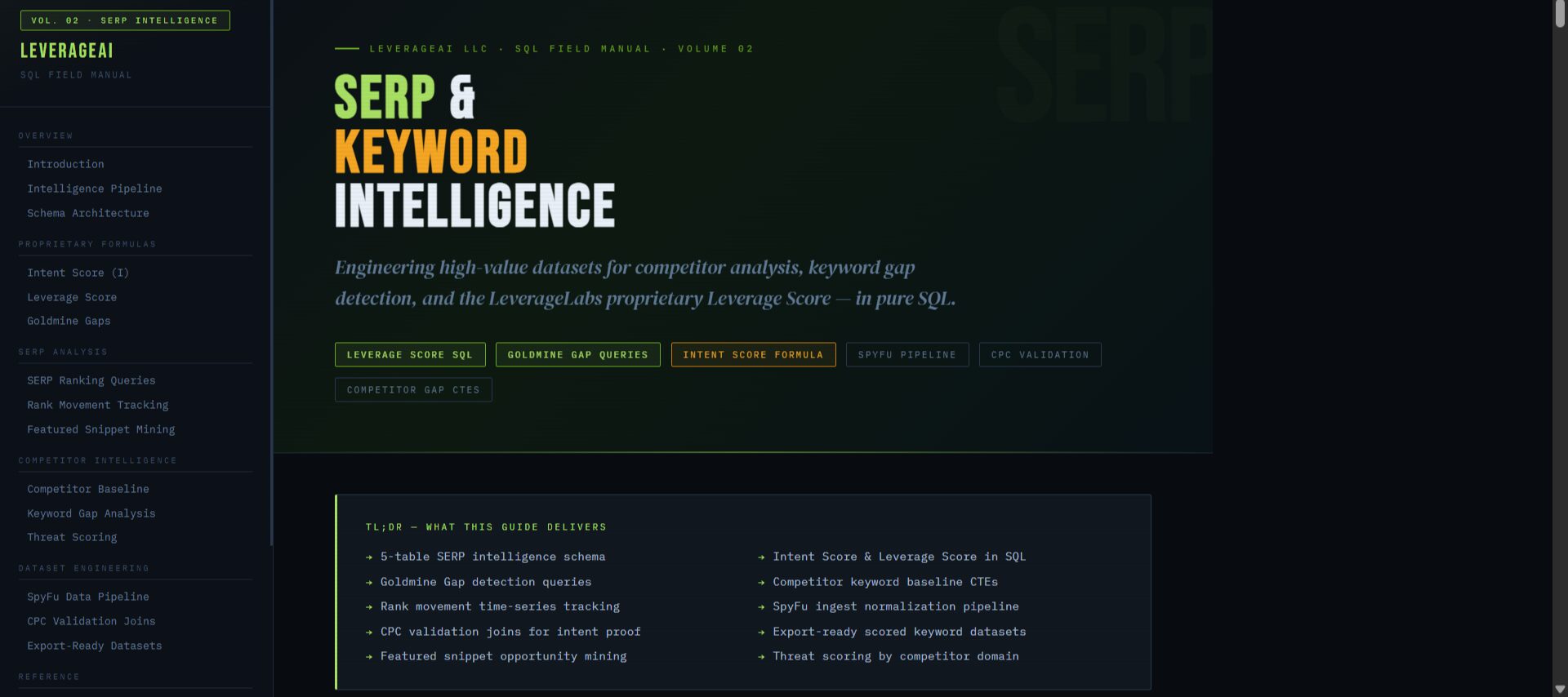 Dark website homepage with green and yellow text about SERP and keyword intelligence, with navigation menu on the left.