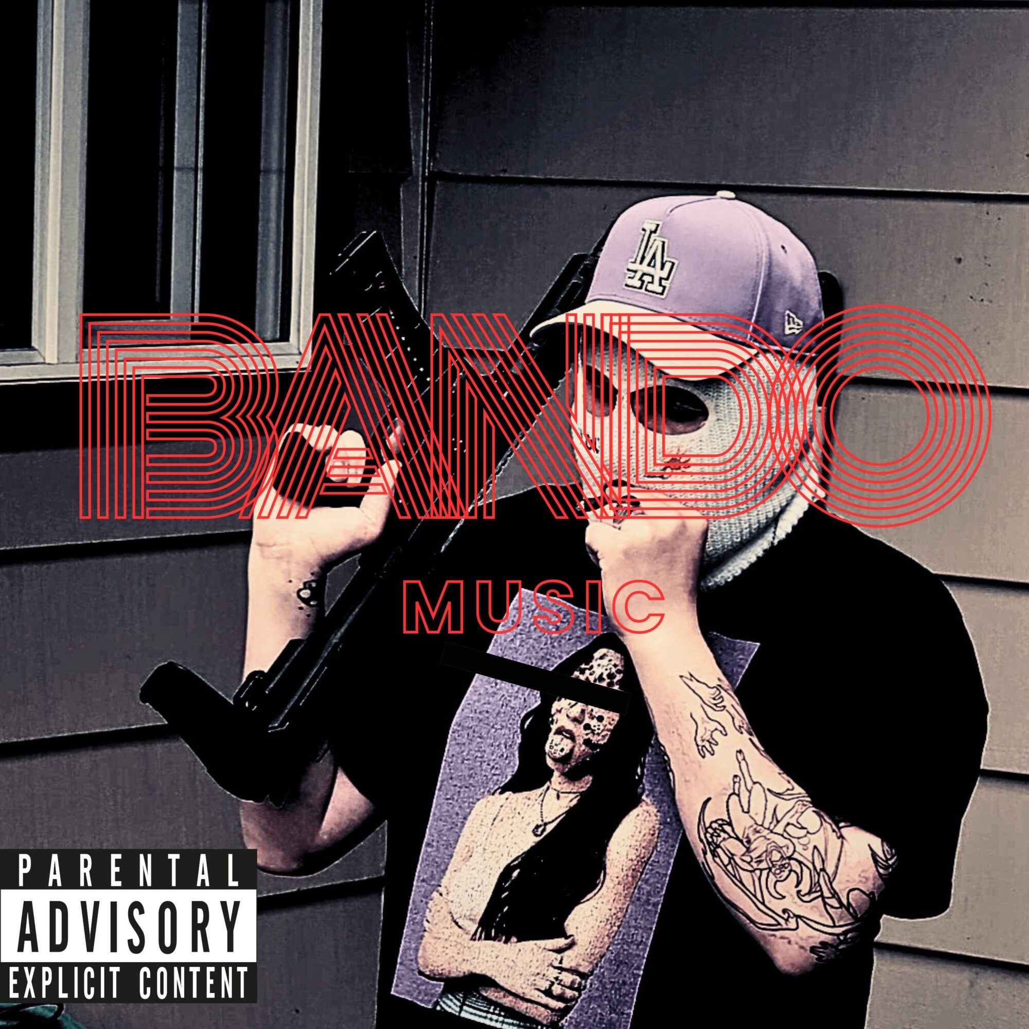 Person wearing a baseball cap, holding a gun, with tattoos and a graphic t-shirt, standing against a wall.