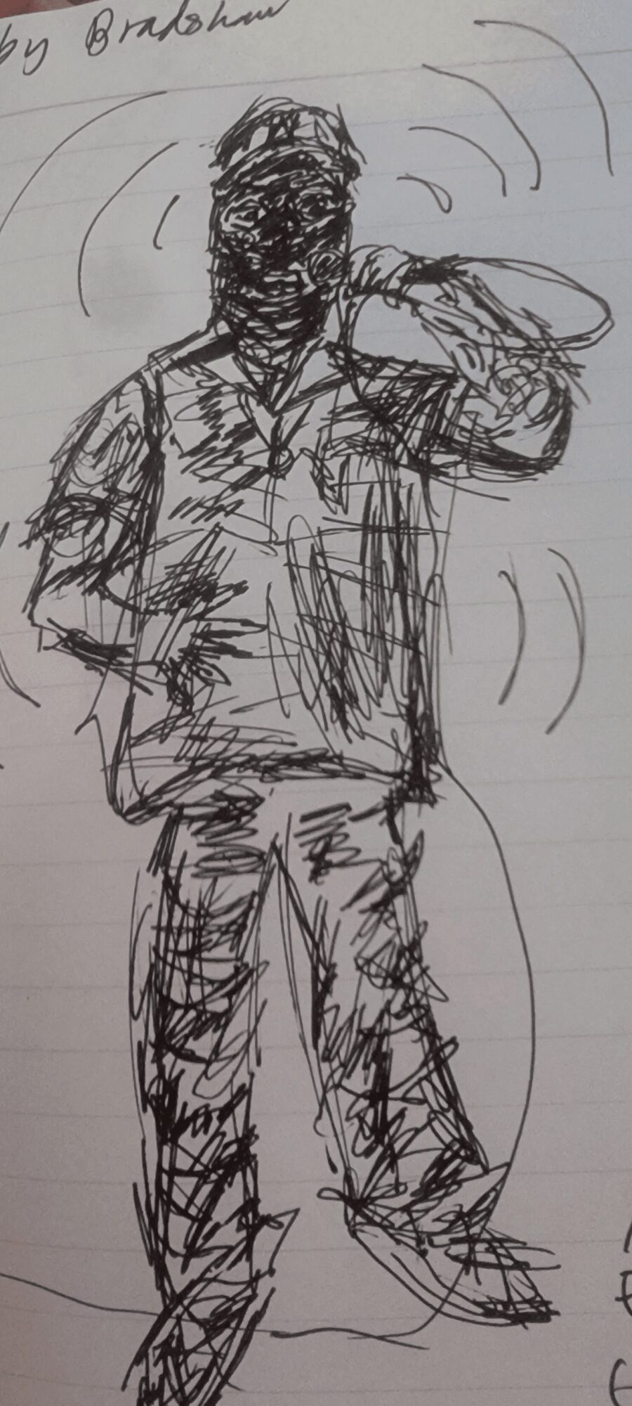 Sketch of a person with a blurred face, standing with one arm raised, surrounded by motion lines.
