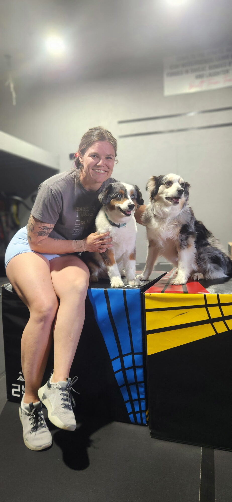 Person sitting with three dogs on a table, smiling, in an indoor setting.