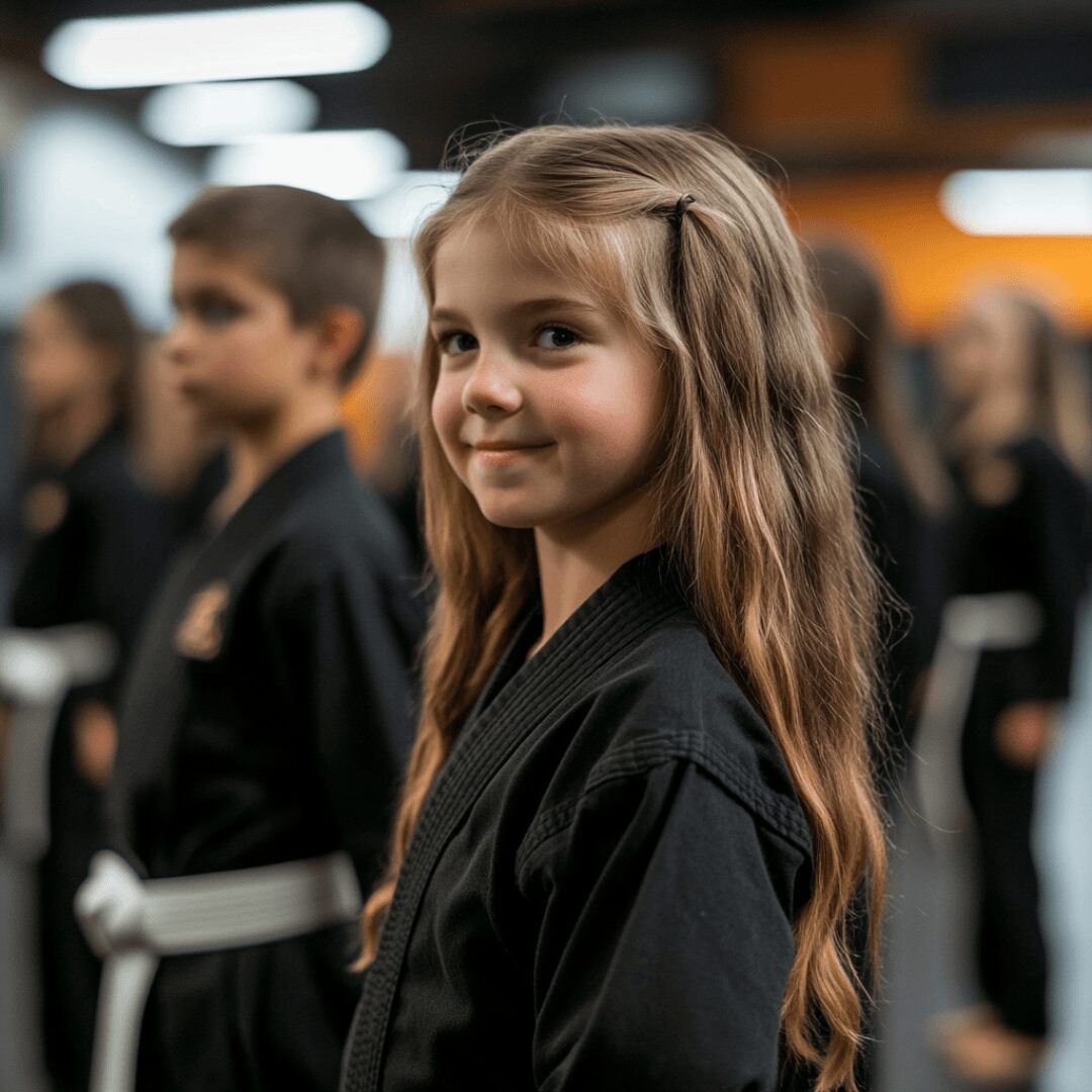Young girl with long hair in a martial arts uniform, smiling, standing among others in similar uniforms indoors.