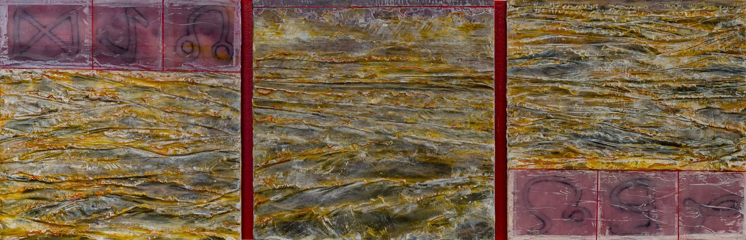 Three vertical red lines divide a textured surface with yellow, brown, and pink areas.