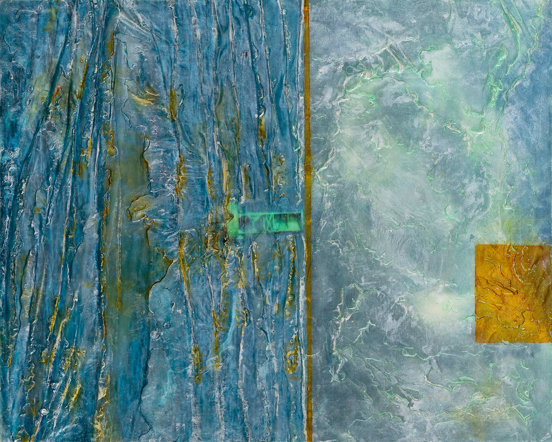 Abstract painting with blue, green, and yellow colors, featuring textured brushstrokes and a small green rectangular element.