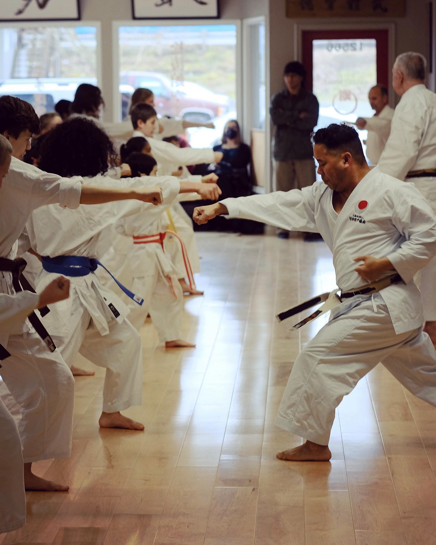 Martial arts class with students in white uniforms practicing techniques in a dojo, instructor demonstrating moves, and onlookers watching.