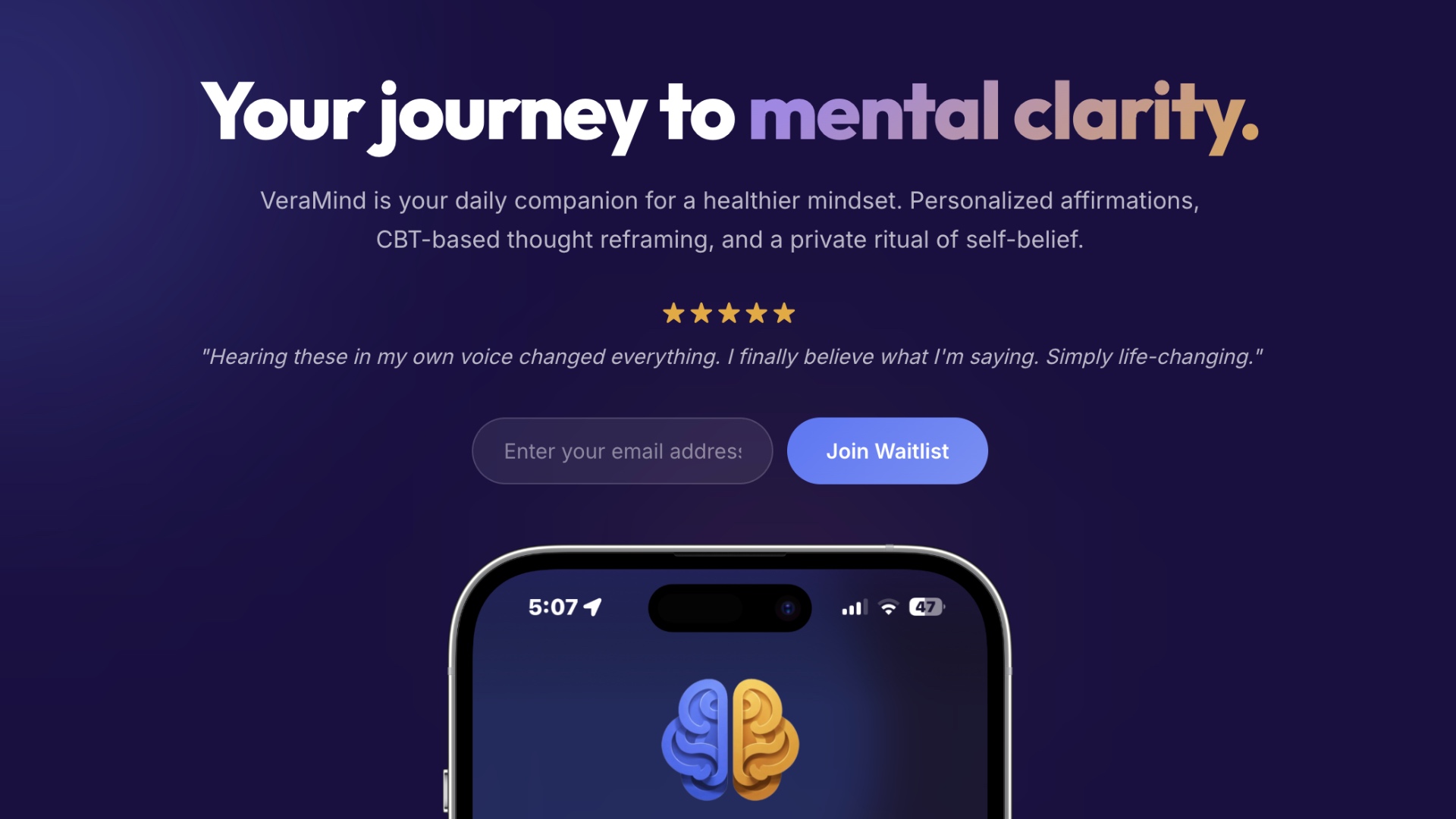 Text promoting mental clarity and a mobile app interface with a partially visible phone screen.