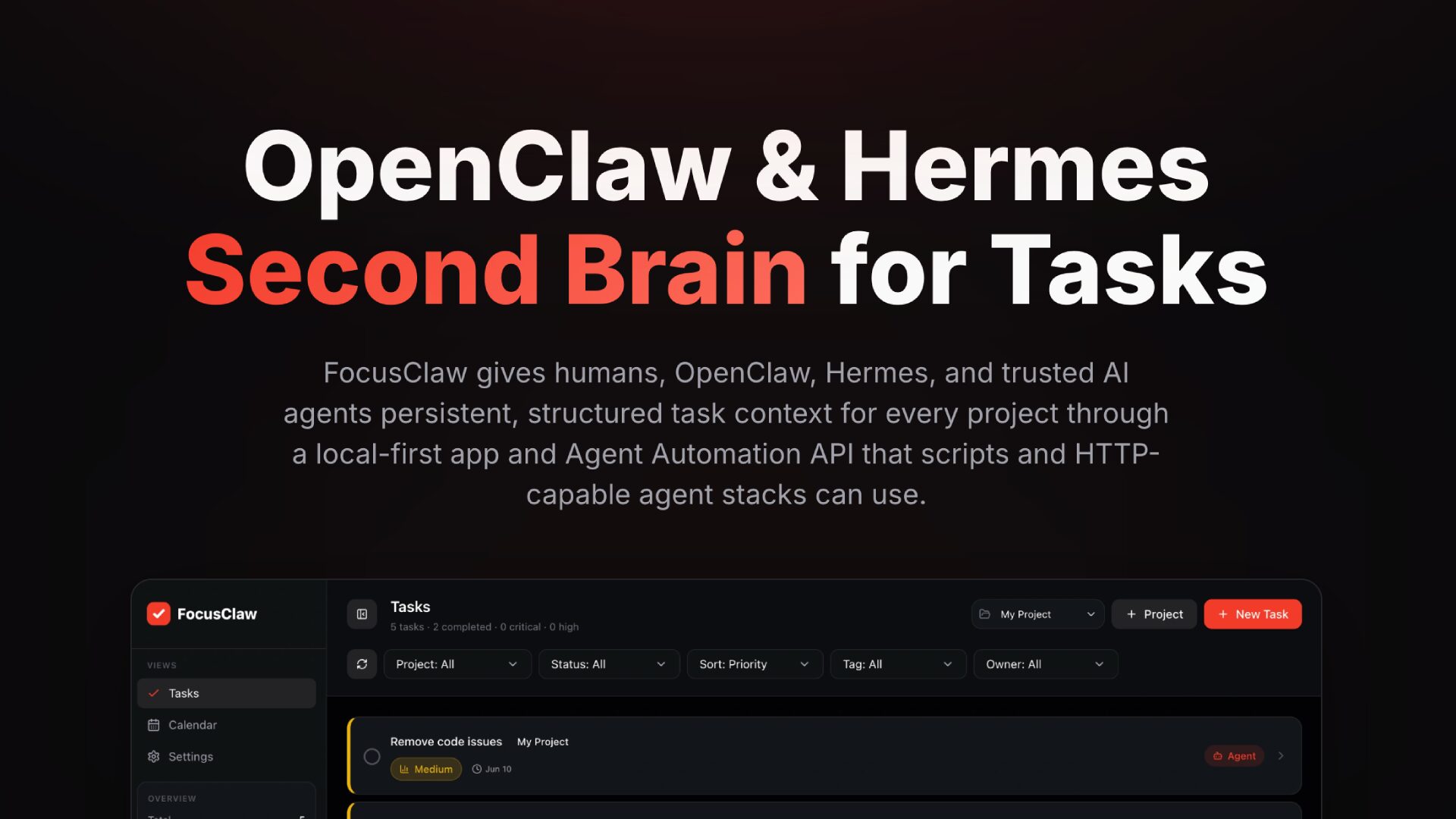Title slide with white and red text on a black background, mentioning OpenClaw, Hermes, and Second Brain for Tasks.