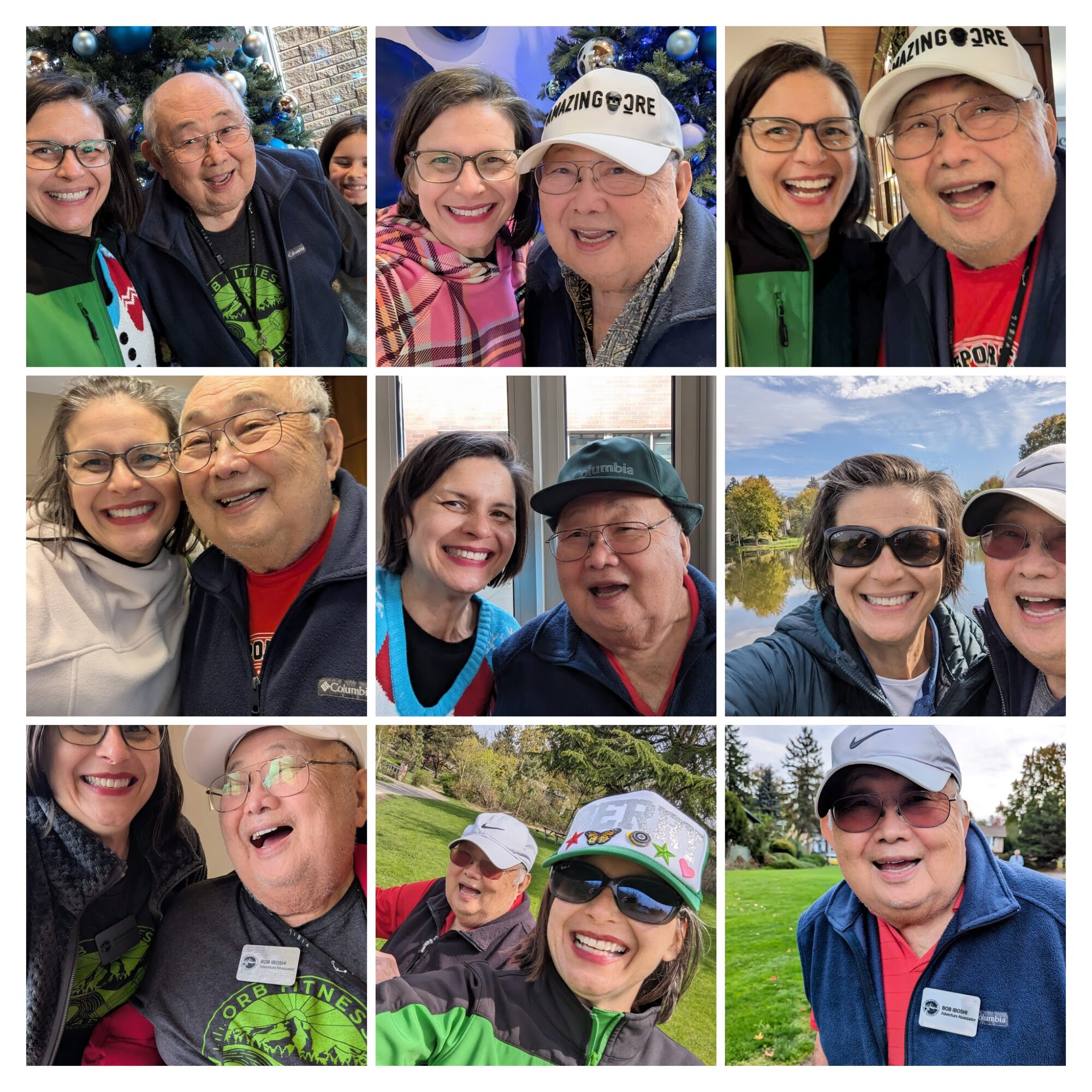 Collage of eight people smiling outdoors, some wearing glasses and hats, in various group photos.