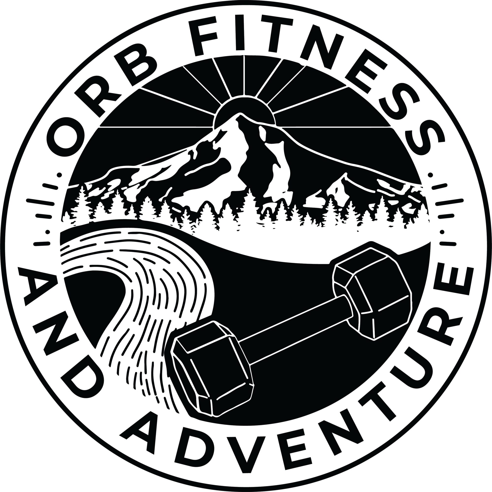 Circular logo with mountain, trees, river, and dumbbells, and text 'ORB FITNESS AND ADVENTURE'.