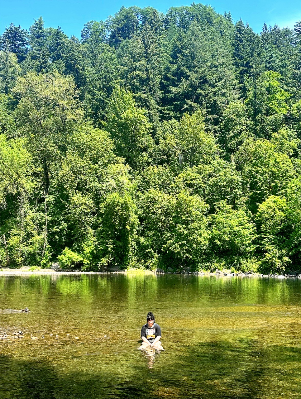Person standing in shallow water near a forested lakeshore, surrounded by green trees and blue sky.
