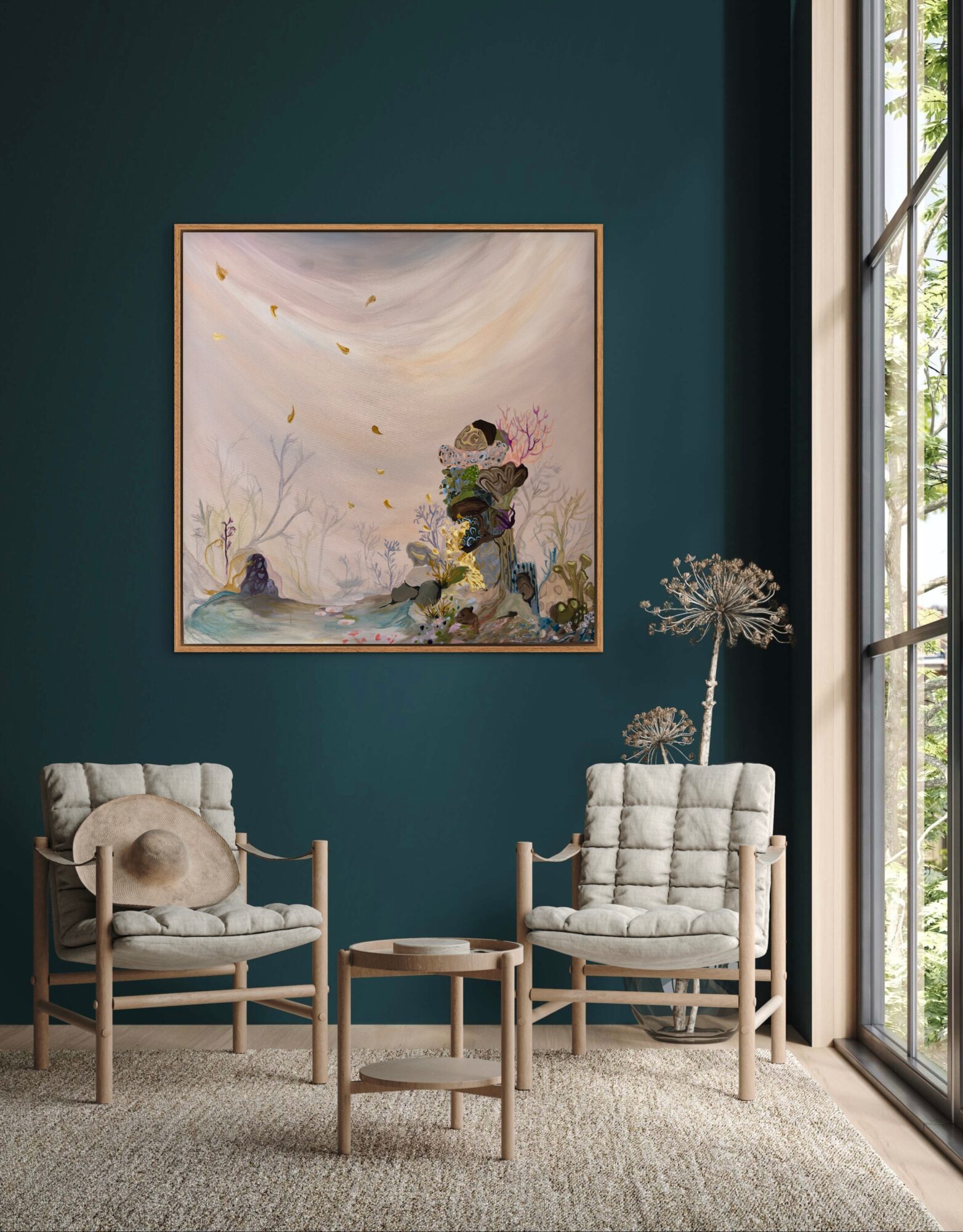 Interior scene with two light-colored armchairs, a small table, a tall plant, and a large abstract painting on a dark wall, next to a window.