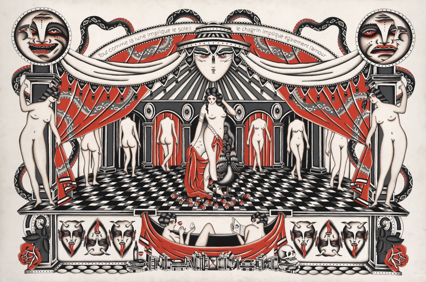 The image features a theatrical scene with a central female figure, surrounded by other figures, large decorative masks, and a checkered floor.