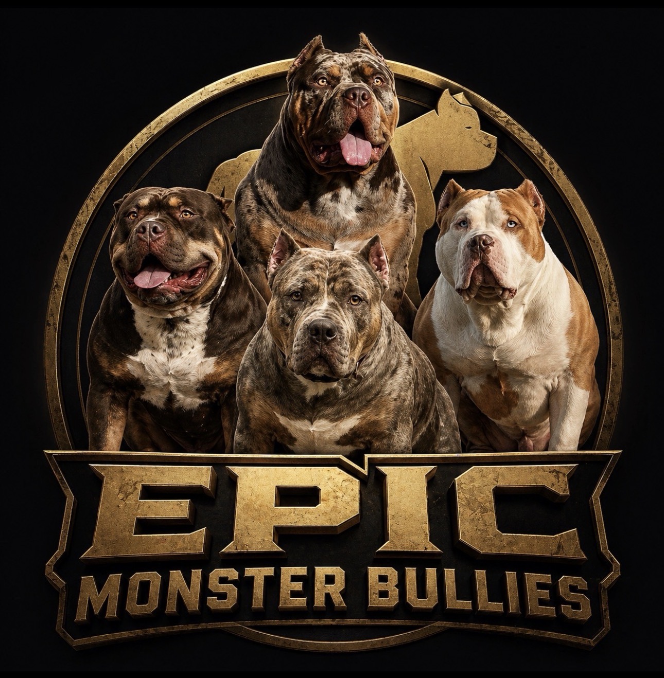 Four dogs with fierce expressions pose behind a gold and black emblem reading 'EPIC MONSTER BULLIES'.