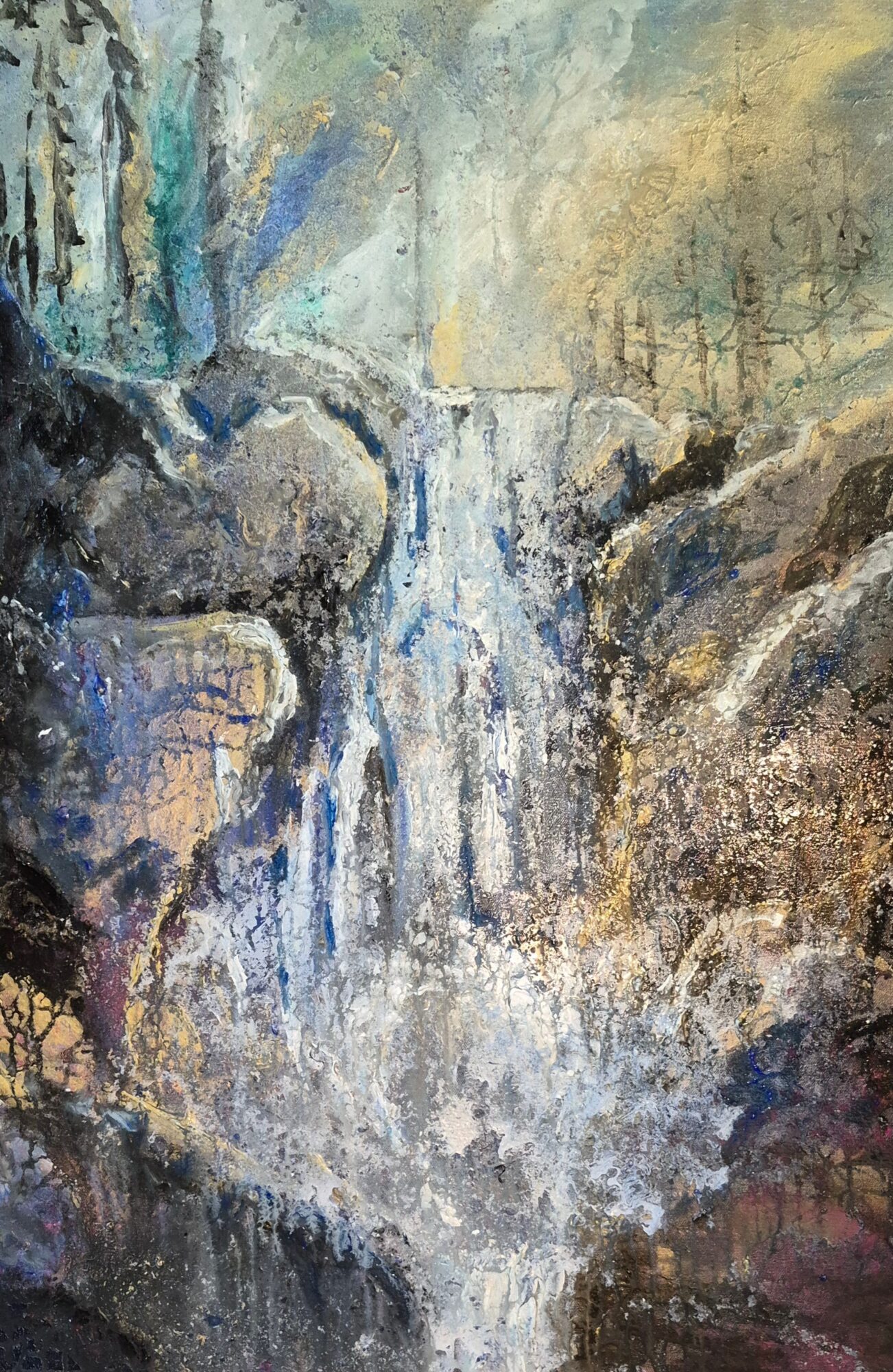 Waterfall flowing between rocks with trees and sky in the background, painted in an impressionistic style.
