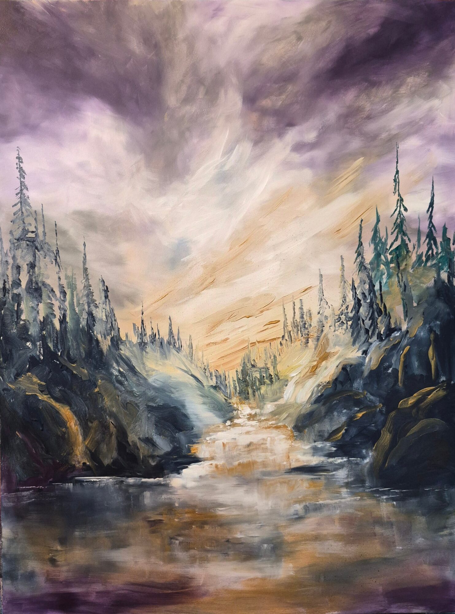 Landscape painting of a river flowing between rocky banks with tall trees and a cloudy sky, in soft, muted colors.
