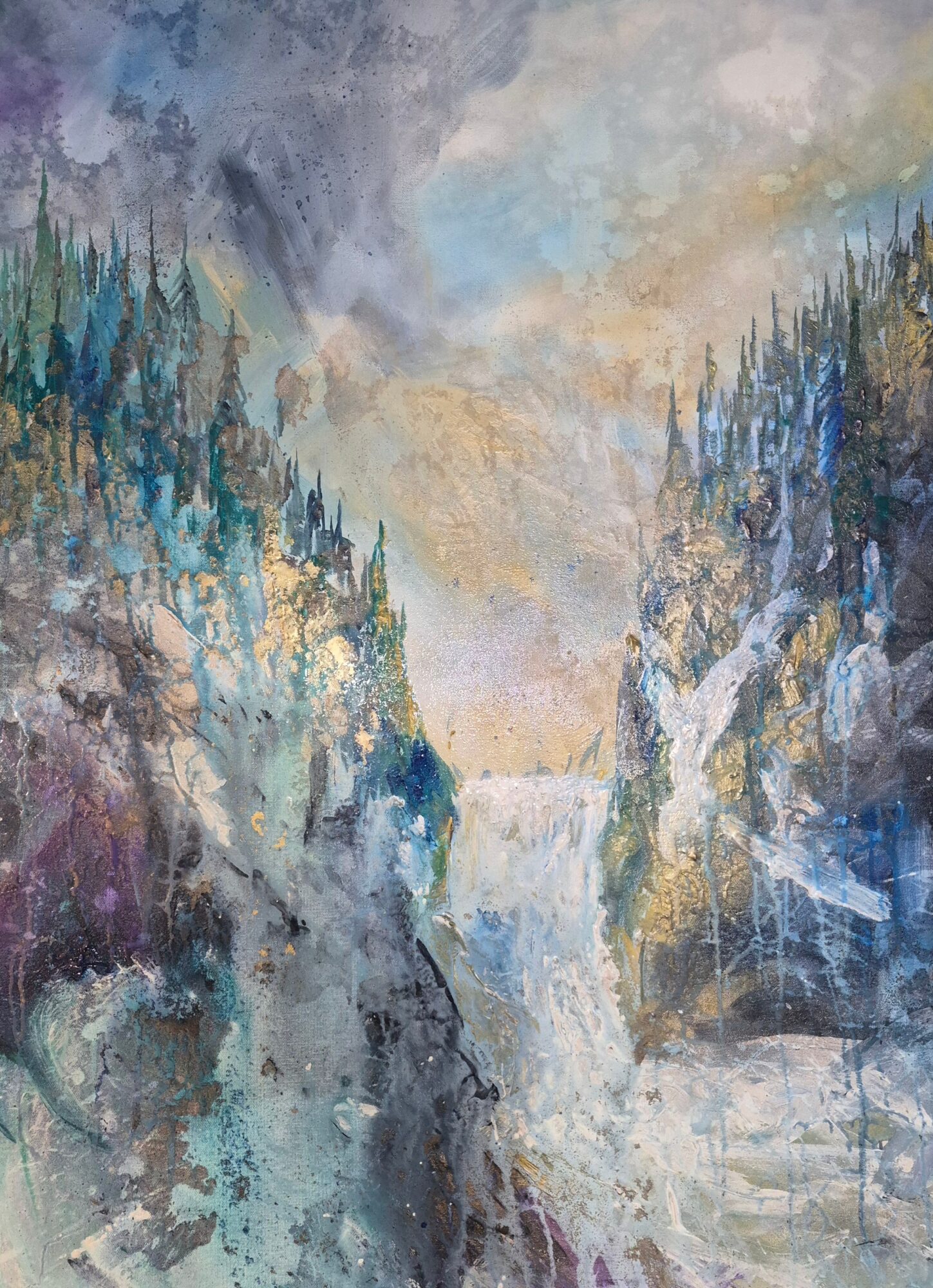 Waterfall flowing between rocky cliffs with trees and cloudy sky above, in a watercolor style.