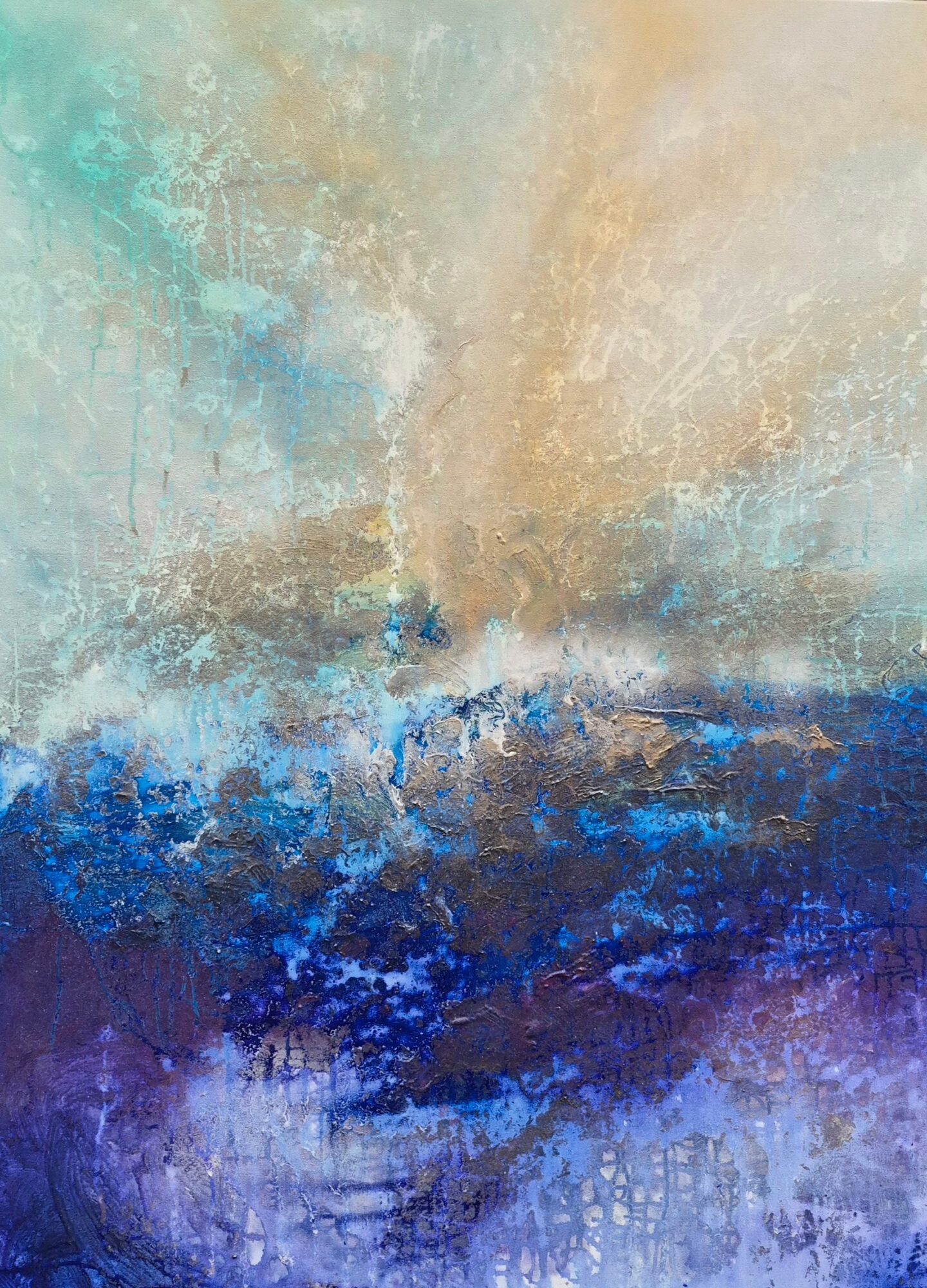 Abstract painting with blue, beige, and teal colors blending together, resembling a landscape or seascape, with textured brushstrokes.