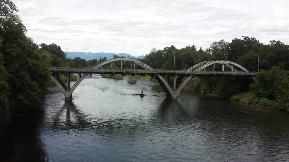 Bridge over a river with trees on both sides and a boat in the water, cloudy sky, distant hills.