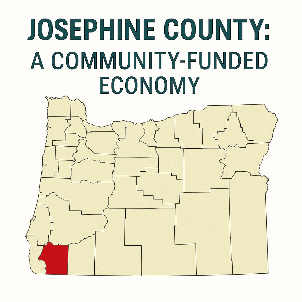 Map of Josephine County in Oregon highlighted in red, with text about a community-funded economy, 20 words.