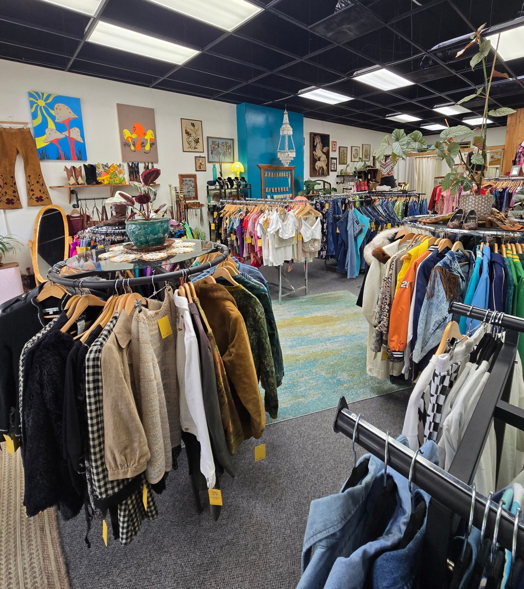 Clothing store with racks of clothes, artwork on walls, and ceiling lights, viewed from the front.
