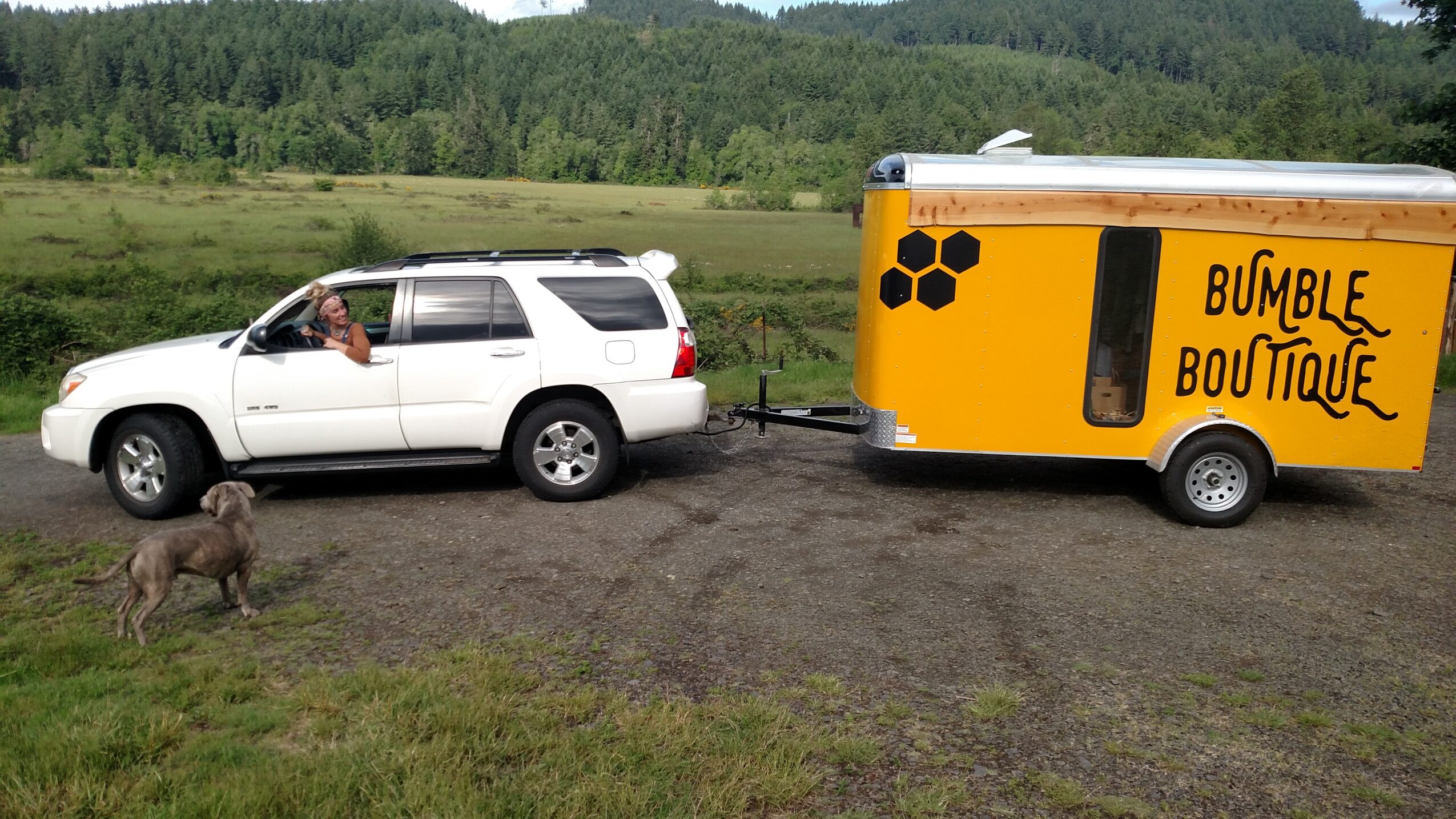 White SUV towing a yellow trailer with black text, a person and a dog in a grassy field, trees in background.