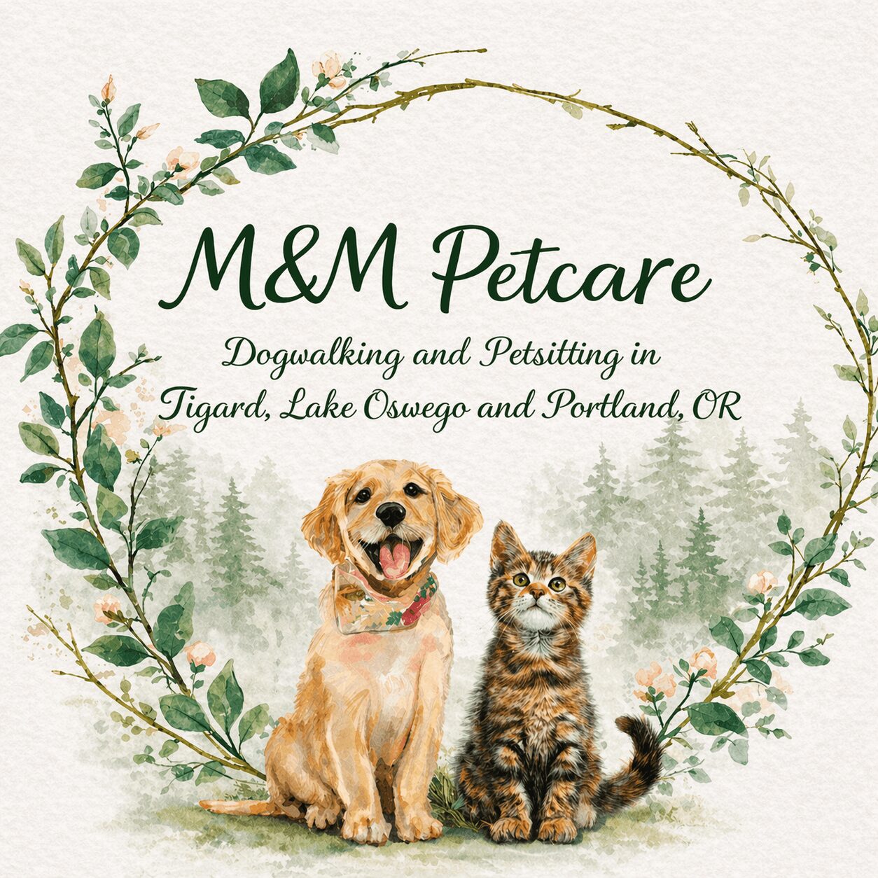 Logo for M&M Petcare featuring a dog and a cat inside a circular leafy wreath, with text about pet care in Oregon.