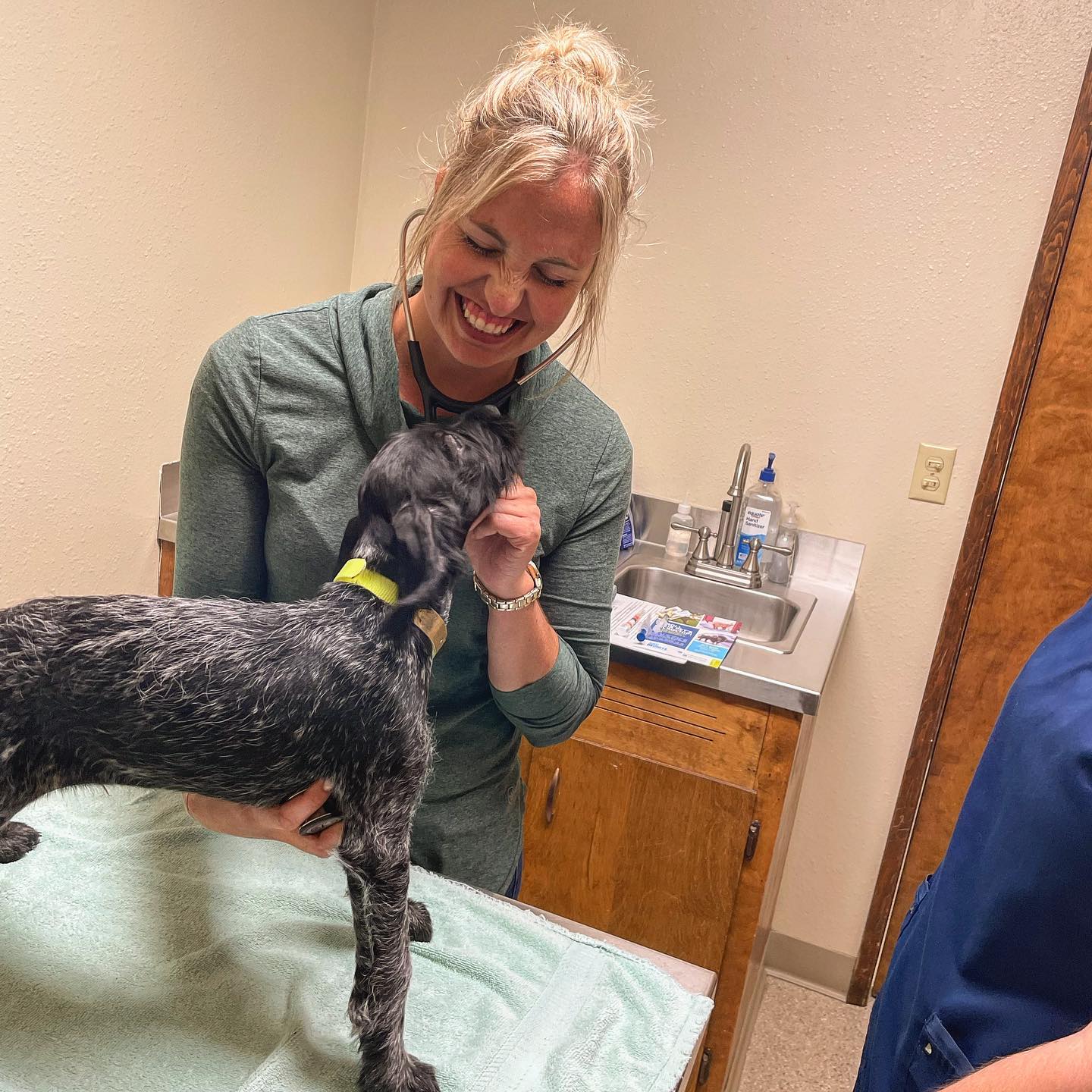 Woman smiling and holding a small black and gray dog on a table in a veterinary clinic.
