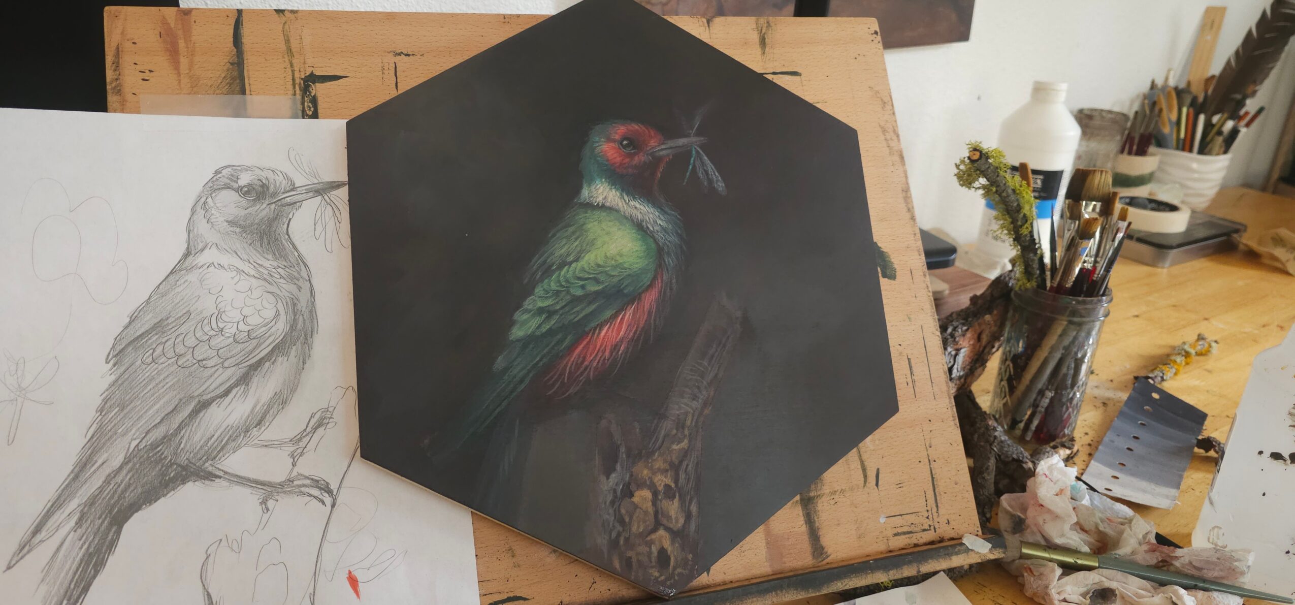 A colorful bird painting on a hexagonal canvas, with a sketch of a bird on paper nearby, on a wooden table.
