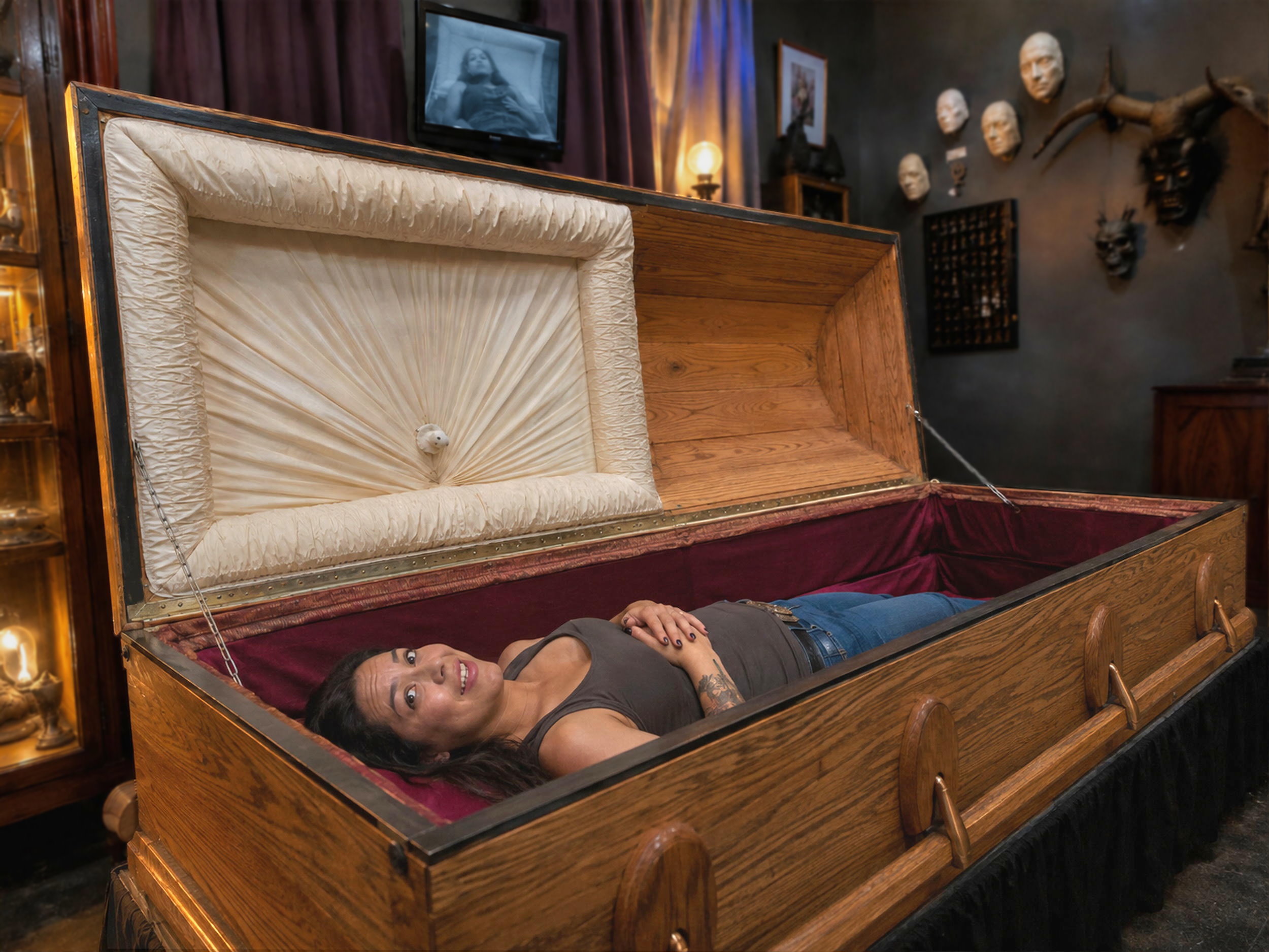 Woman lying inside a large wooden box with a cushioned interior, in a room with dark walls and decorative items.