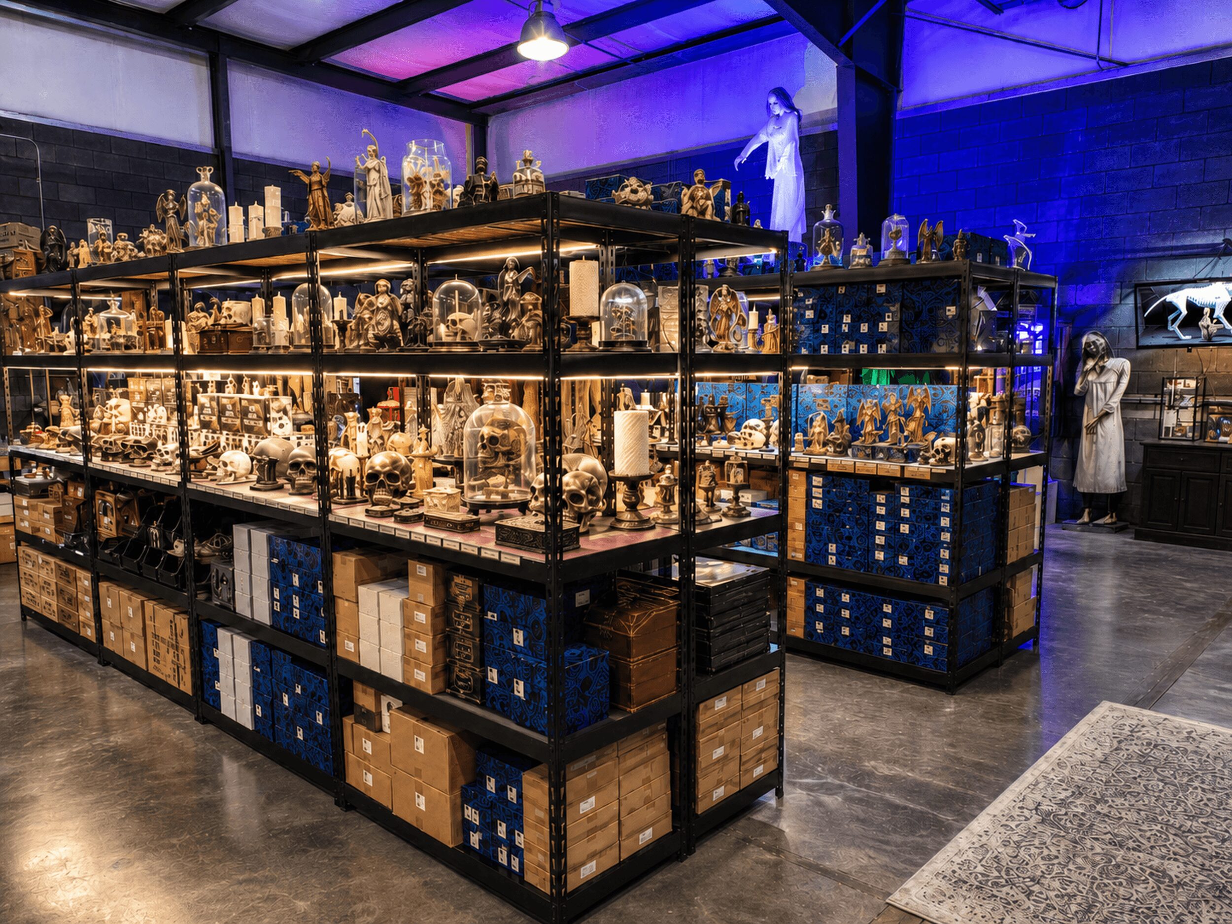 Display of various decorative items on black metal shelves in a store with purple lighting and a statue in the background.