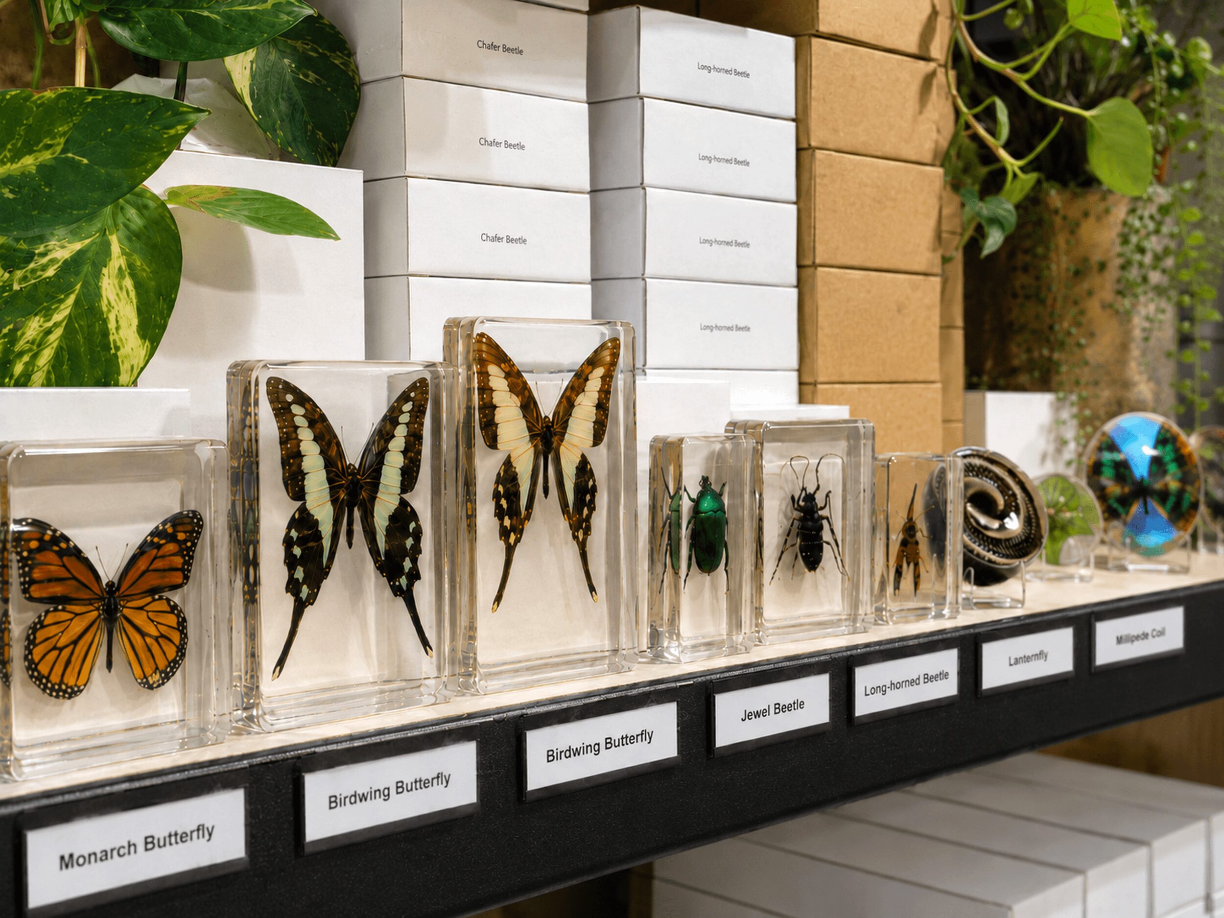 Display of butterfly specimens in clear cases with labels, plants, and boxes in background, on a black shelf.