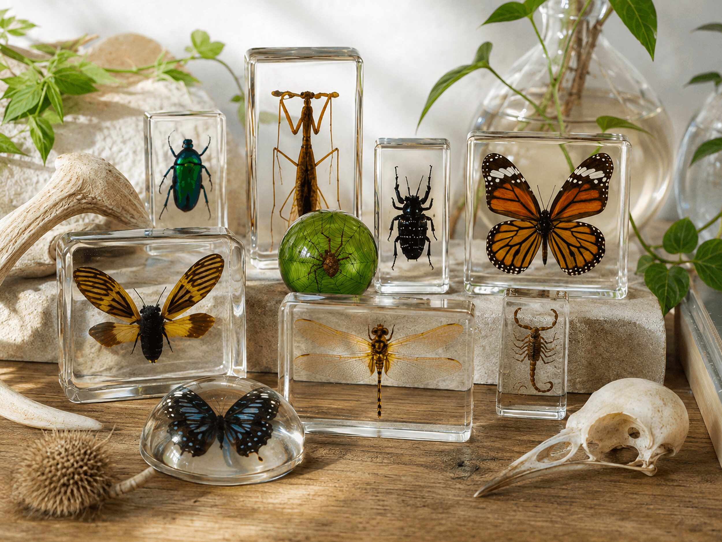 Collection of insects and a butterfly displayed on glass blocks with plants and a skull in the background.