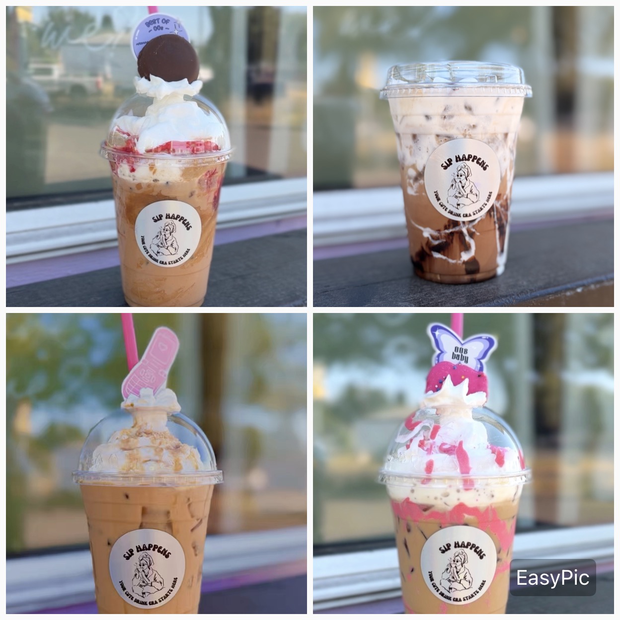 Four different iced beverages with whipped cream and toppings, in clear cups with a logo, on a windowsill. Word count: 20