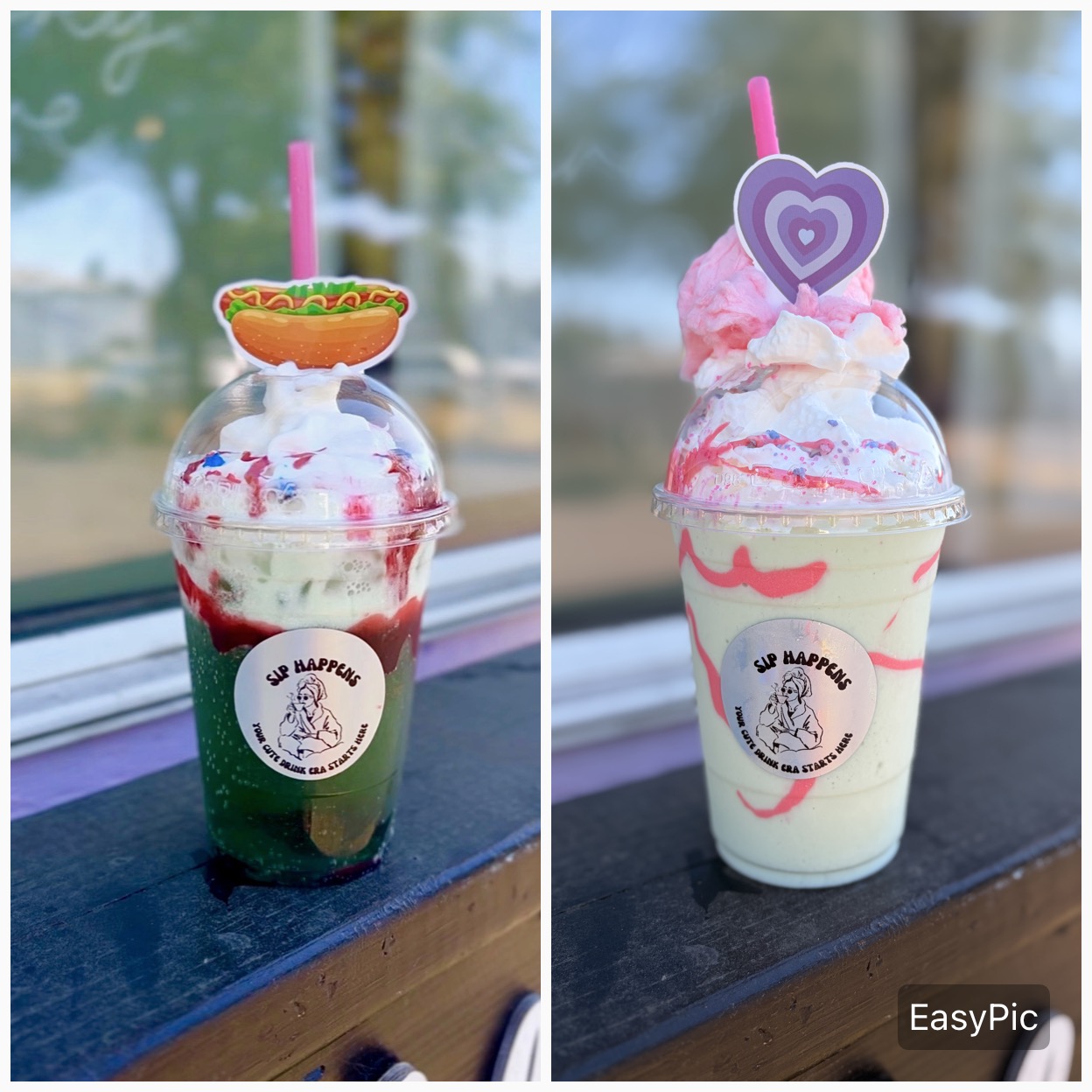 Two colorful milkshakes with toppings and straws on a windowsill, one with a rainbow topping and the other with pink whipped cream.