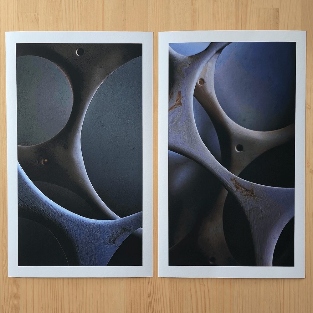 Two photographs of metallic, curved structures with circular openings, placed on a wooden surface.