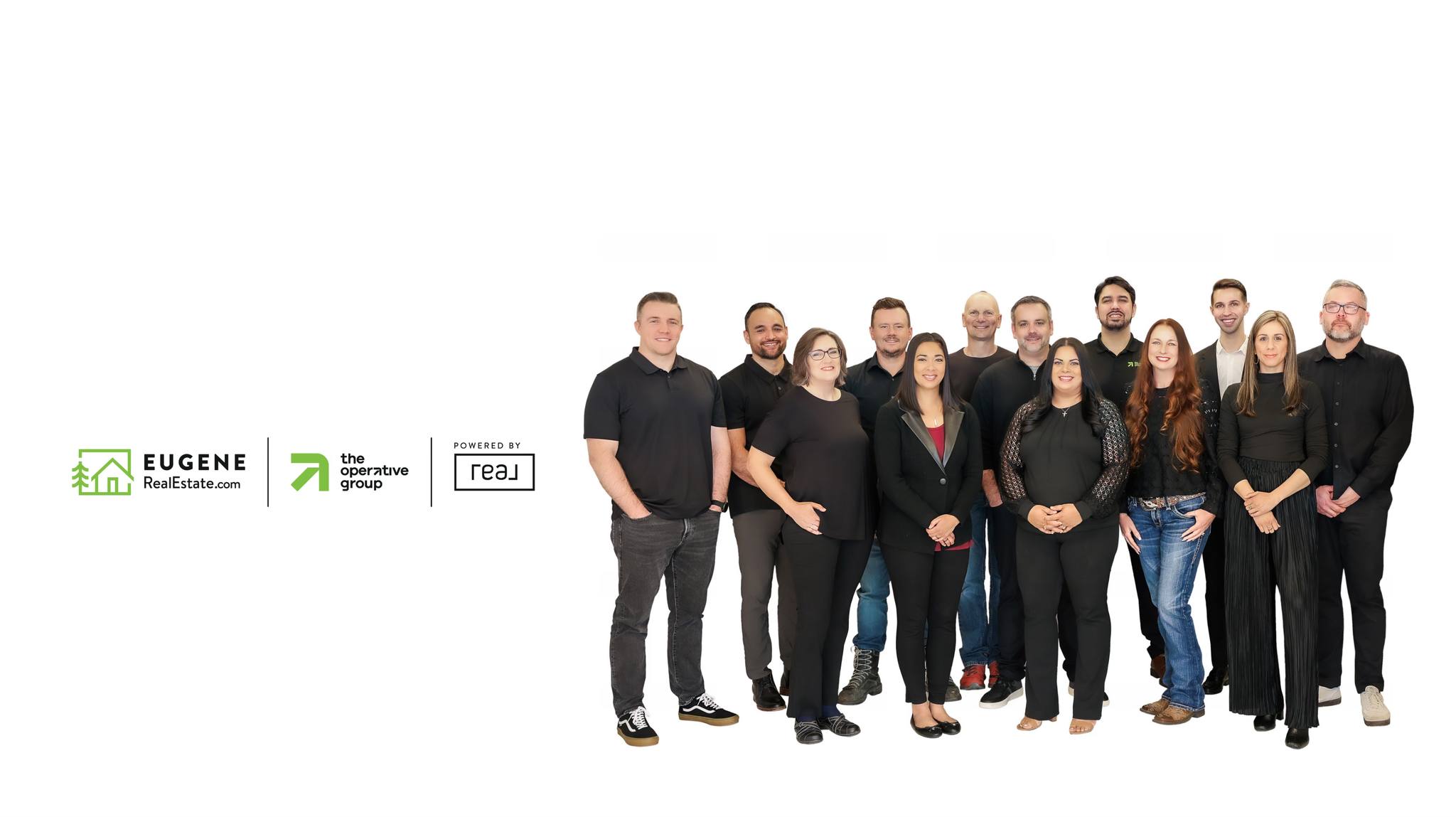 Group of people standing together, some with hands in pockets, in front of a white background with logos.