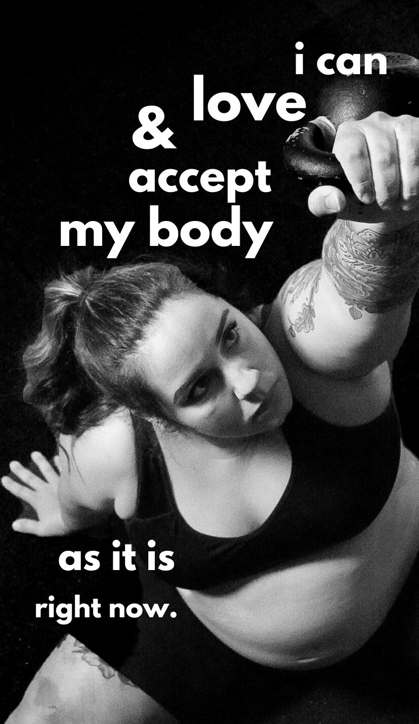 Woman with a tattoo on her arm, looking up, with text about self-love and acceptance, in black and white.