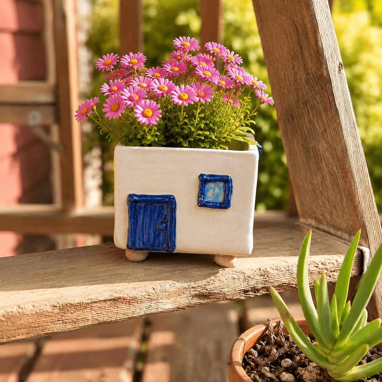 White ceramic pot with blue square decorations holds pink daisies on a wooden surface outdoors.